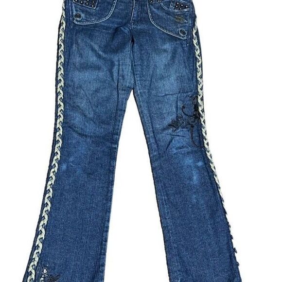 KDNK Wide Leg Studded and Embroidered Jeans Braided Trim Size 27 - Picture 4 of 8